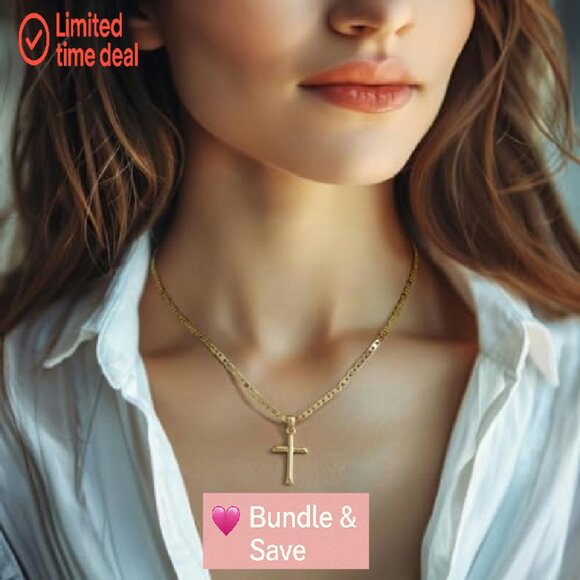 14K Gold Cross Pendant Necklace 26mm Minimalist Faith Chain - Picture 5 of 8